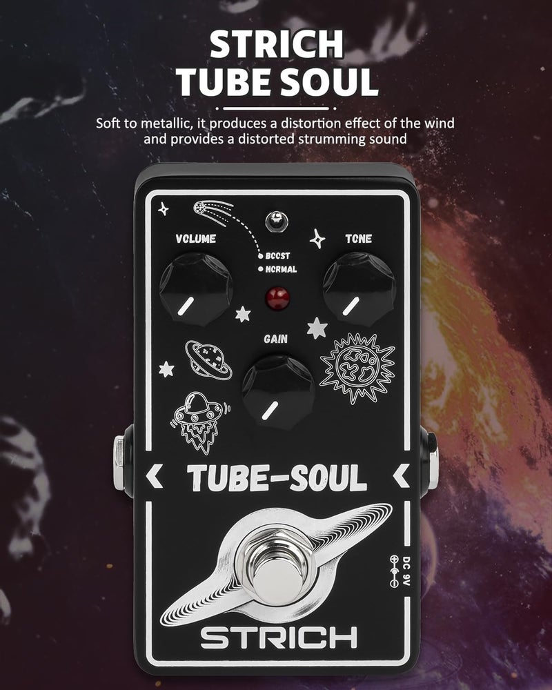 STRICH TUBE SOUL Tube Overdrive Distortion Pedal for Electric Guitar, Compact Mini Single Unit, True Bypass, 3 Control Knobs, Volume, Tone, Gain, Dual Modes, Boost, Normal, 9V DC, Black and White - Image 2